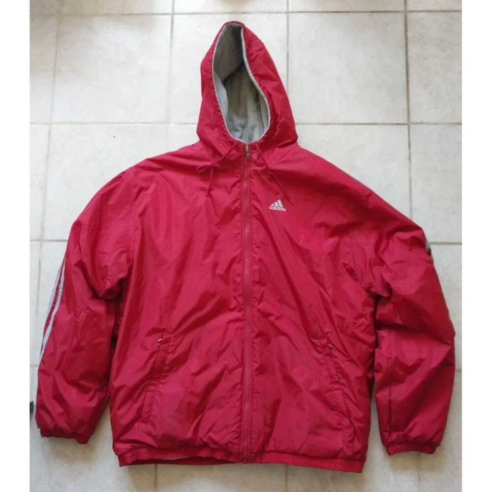 VTG Y2K Adidas Puffer Jacket Red Fleece Lined Hooded Men's Extra Large XL